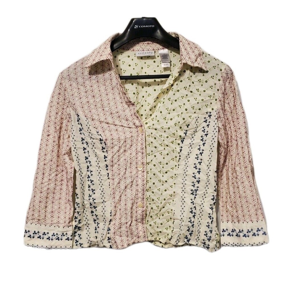 Villager Liz Claiborne Patchwork Eyelet Button Up Western Boho Cottagecore 10